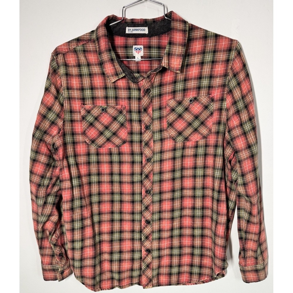 Junk Food Retro Peace Sign Red Plaid Flannel Button Up Size L Grunge Hippie Boho